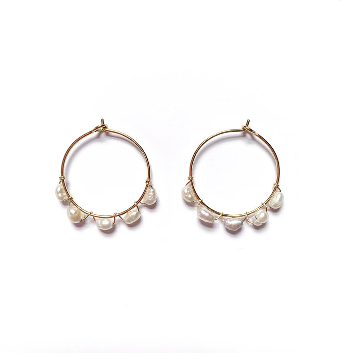 Hammered Baroque Pearl Beaded Hoops