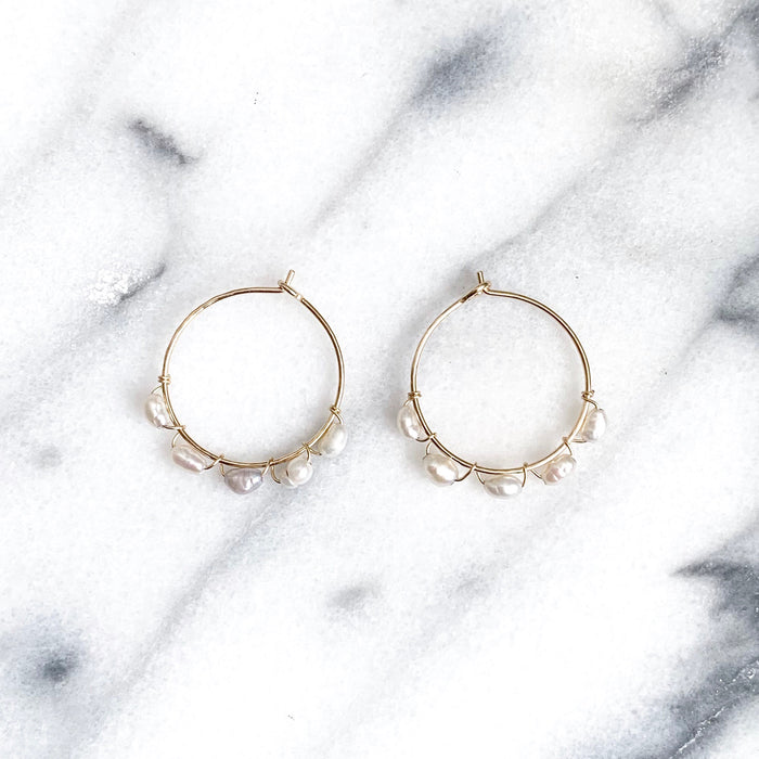 Hammered Baroque Pearl Beaded Hoops