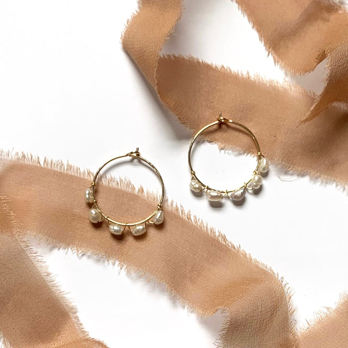 Hammered Baroque Pearl Beaded Hoops