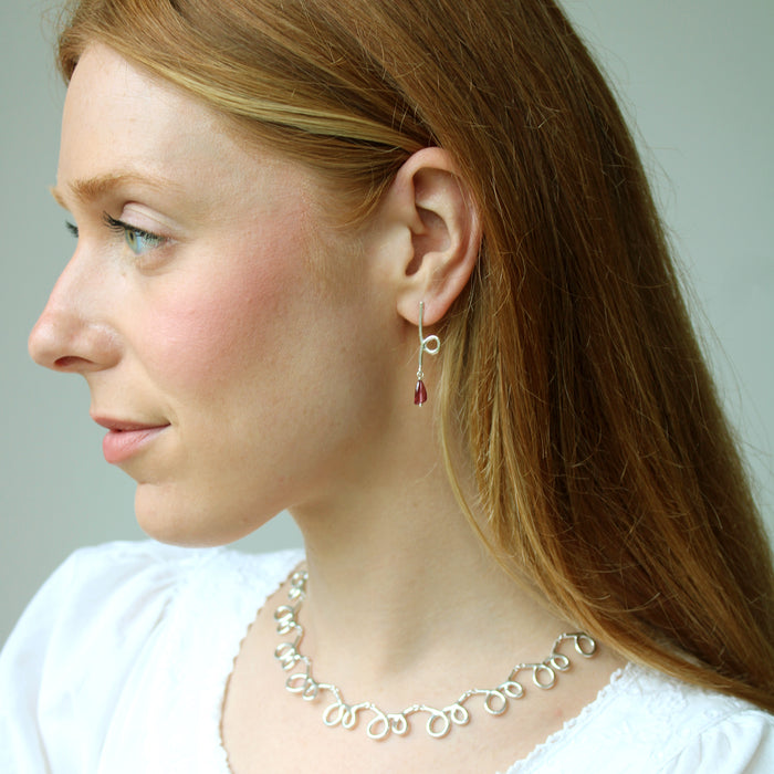 Short Reflection Earrings with Rhodolite Garnet Drops